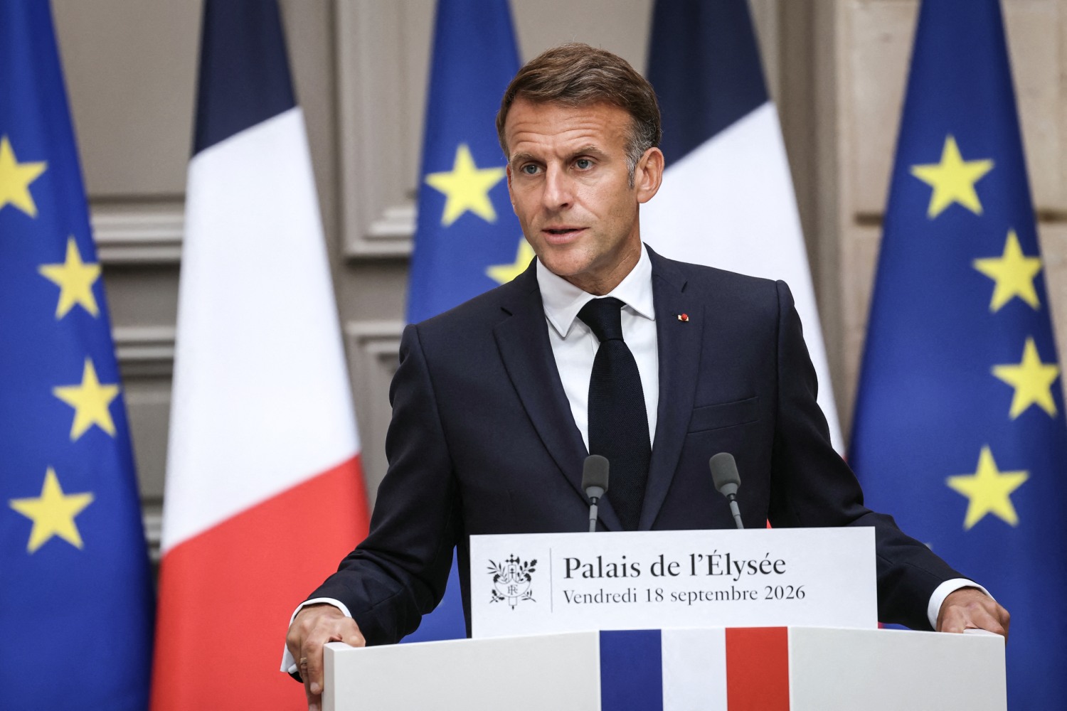France's President Emmanuel Macron following a meeting with candidates for the 2027 presidential election and party leaders focused on the geopolitical situation and its consequences, at the presidential Elysee Palace in Paris on September 18, 2026.