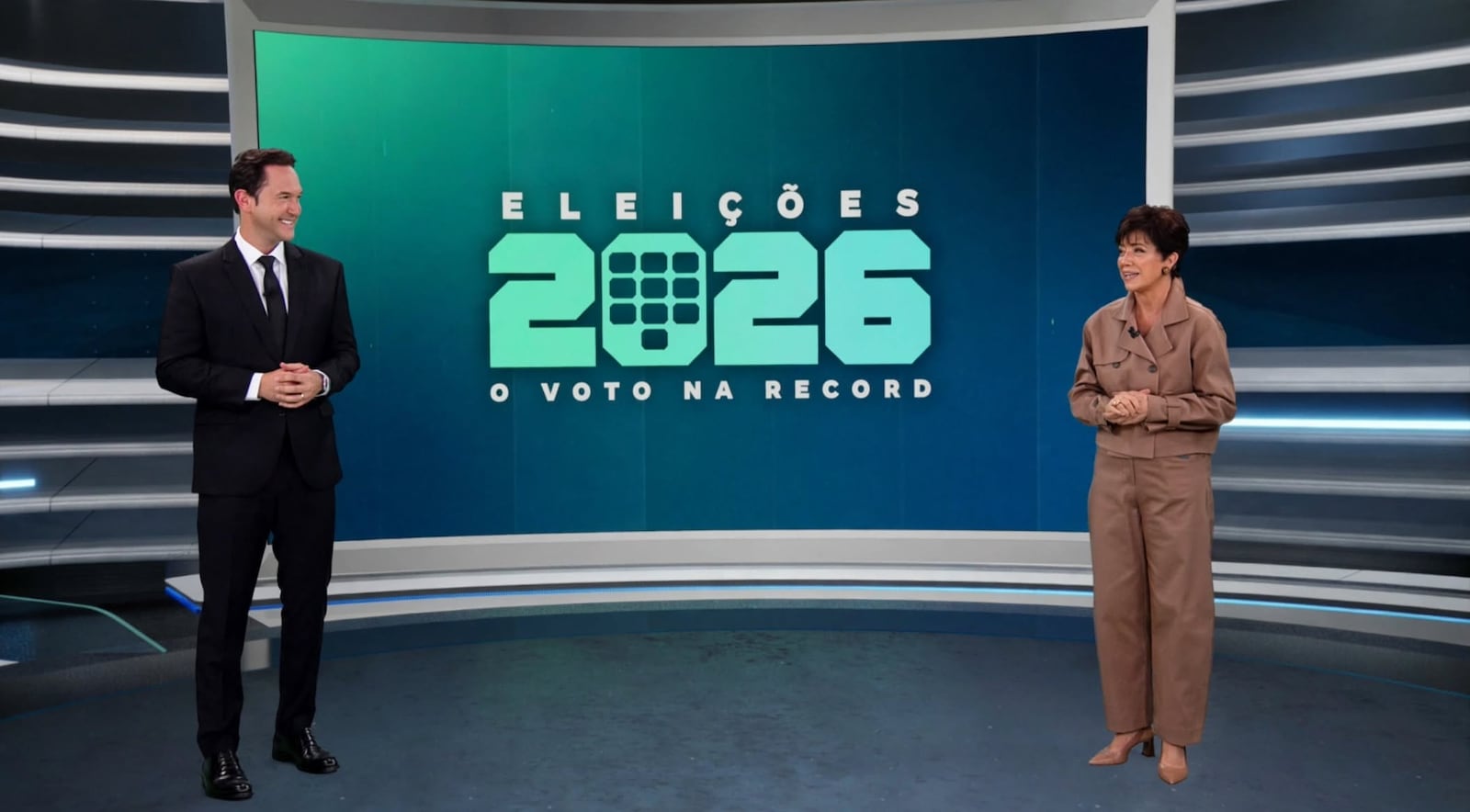 Eduardo Ribeiro e Christina Lemos em 'Eleições 2026: O Voto na RECORD'.