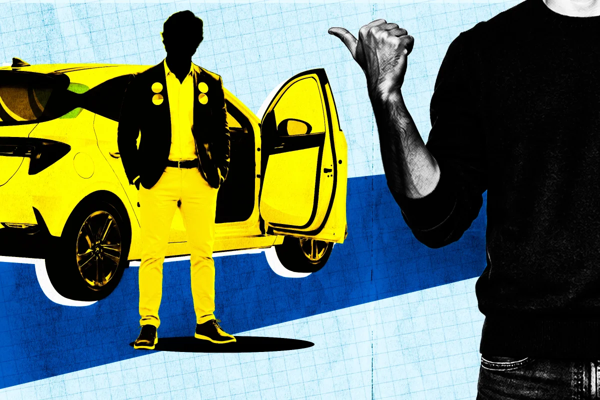 Ilustração de um candidato ao lado de um carro e de uma pessoa sinalizando com a mão, representando o transporte de eleitores por candidatos ou cabos eleitorais