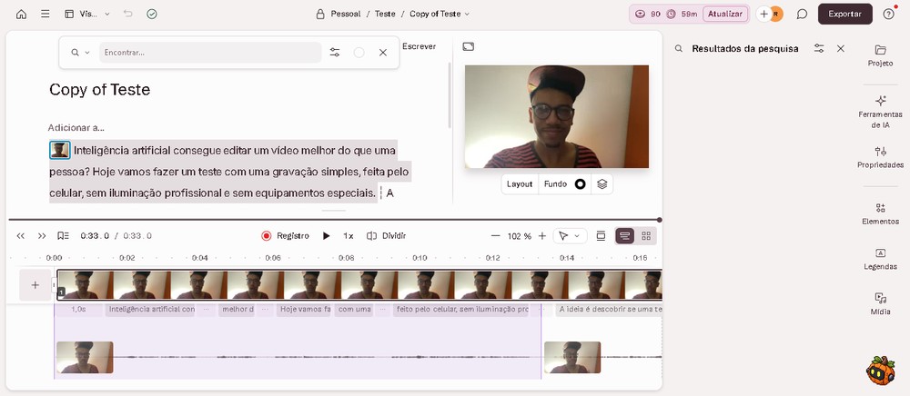 Editor do Descript reúne vídeo, transcrição e linha do tempo para combinar ajustes manuais com recursos de inteligência artificial — Foto: Reprodução/Descript