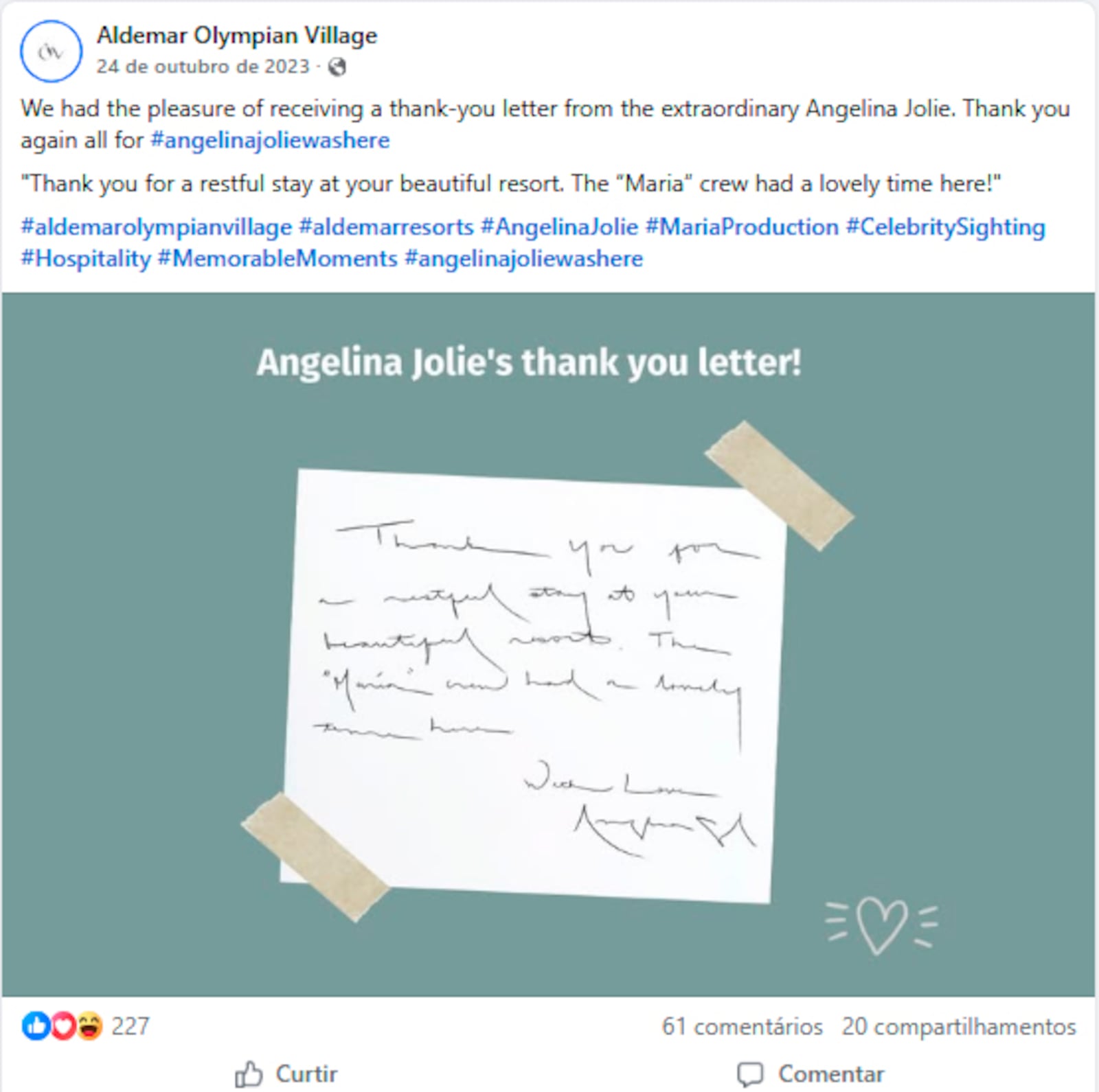 Aqui o post original da pousada agradecendo (e traduzindo) as palavras de Angelina Jolie