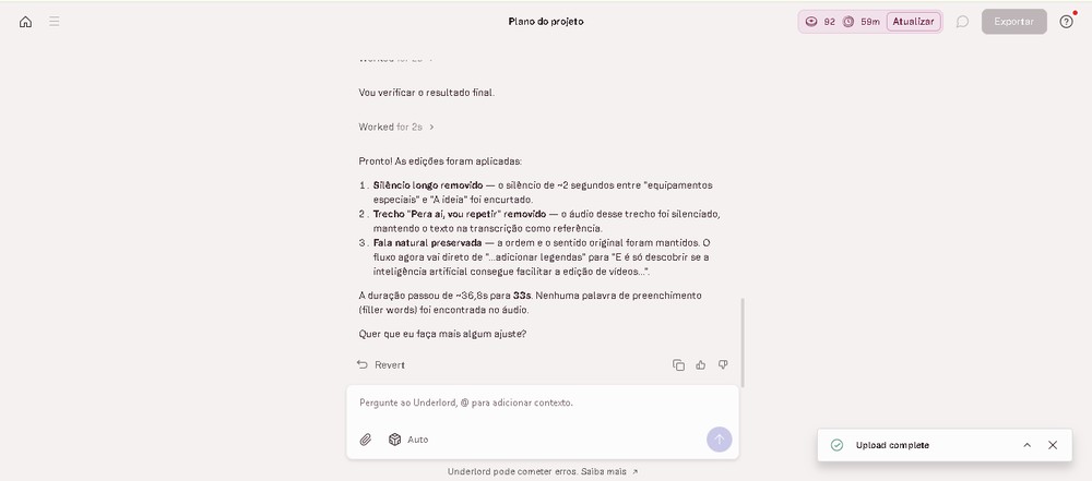 IA do Descript identificou uma pausa e um trecho repetido e reduziu a gravação original de 36,8 para cerca de 33 segundos — Foto: Reprodução/Descript