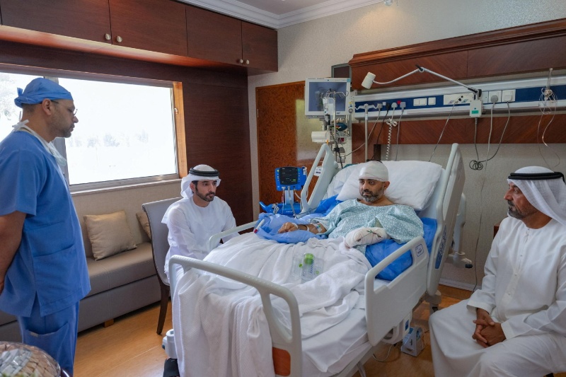 Hamdan bin Mohammed Al Maktoum, Crown Prince of Dubai, meets Captain Smit Machchhar, an Indian national and flydubai pilot who is under treatment after he was stabbed by a colleague aboard a plane, in an unidentified location in UAE, in this handout released October 3, 2026. (Hamdan bin Mohammed via X/Handout via Reuters)