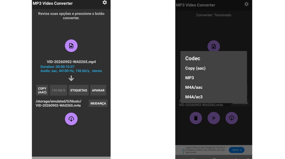 MP3 Video Converter transforma vídeos armazenados no celular em arquivos MP3 ou AAC — Foto: Reprodução/MP3 Video Converter