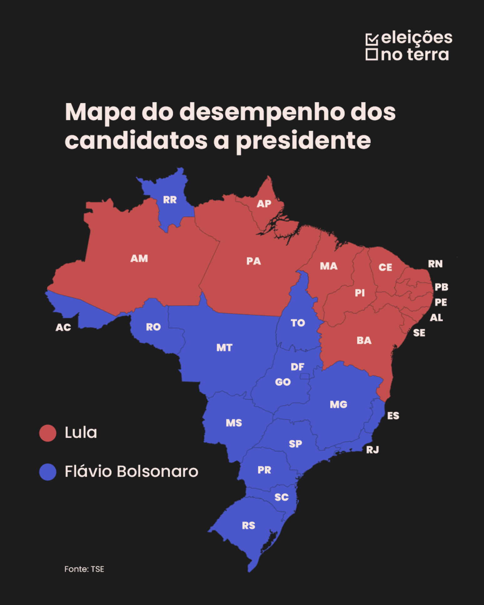 Mapa do desempenho dos candidatos a presidente nos Estados